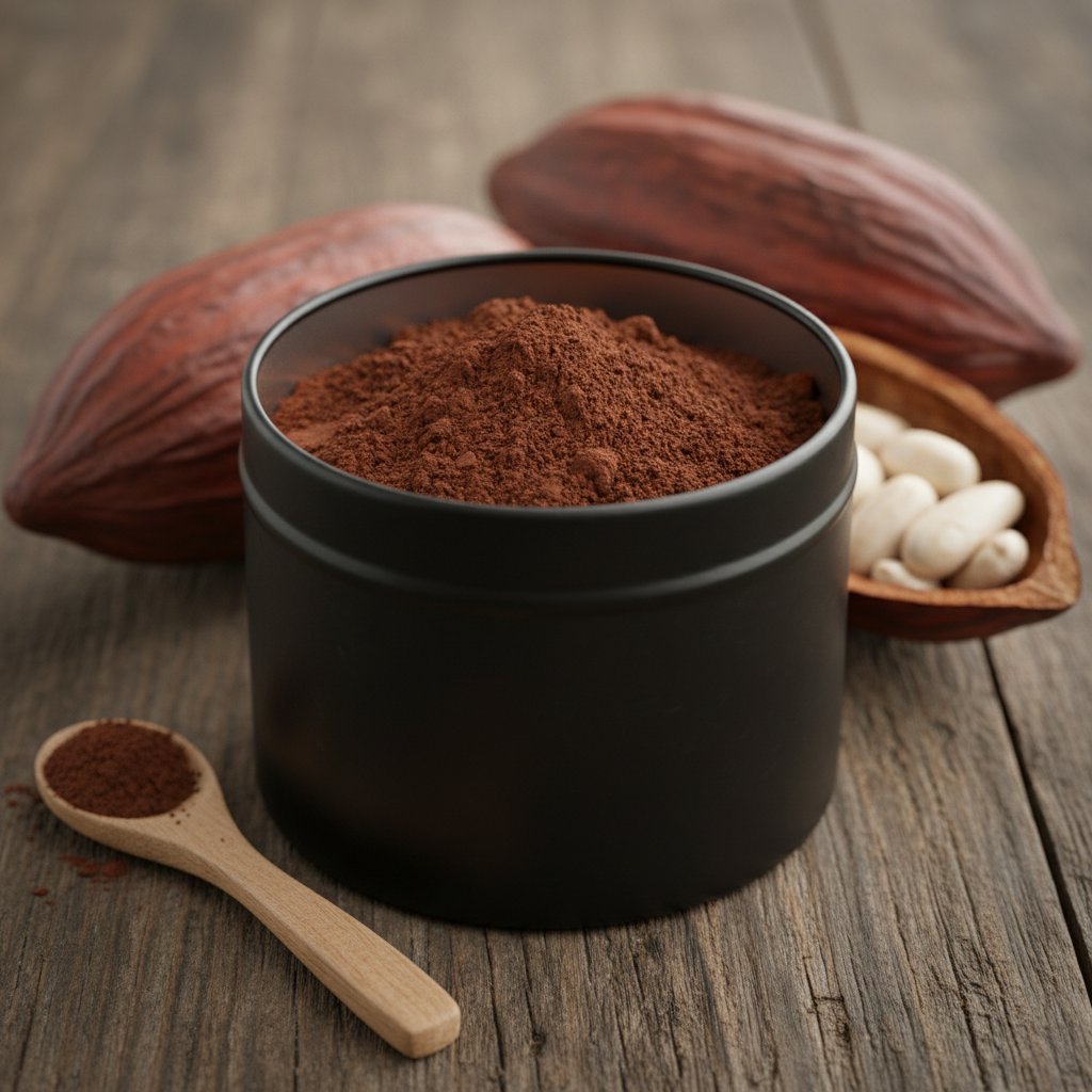 Matte black tin of ceremonial drinking chocolate powder open on a wooden surface with a wooden spoon and cacao pods beside it