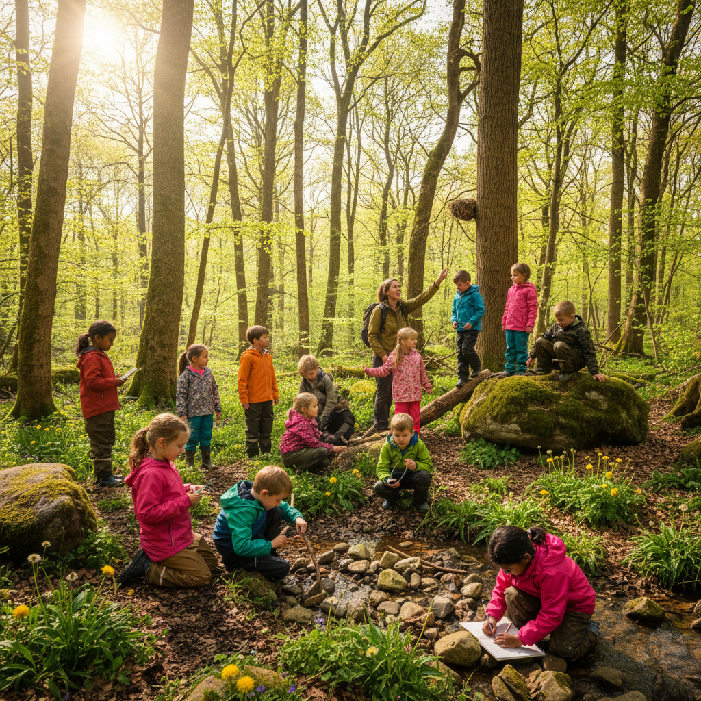 Young people engaged in outdoor learning activity, enthusiastic faces, bright open sky