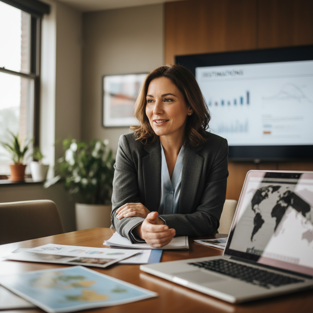 Travel consultant mid-conversation at conference table, shallow depth of field blurring laptop and printed reports in foreground