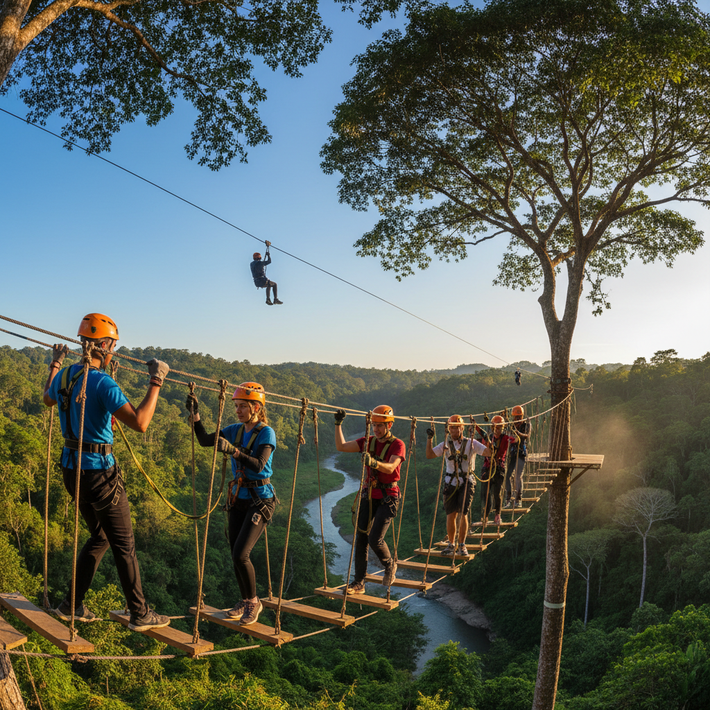 Aerial view of lush green rainforest canopy with zipline cables stretching between tall trees