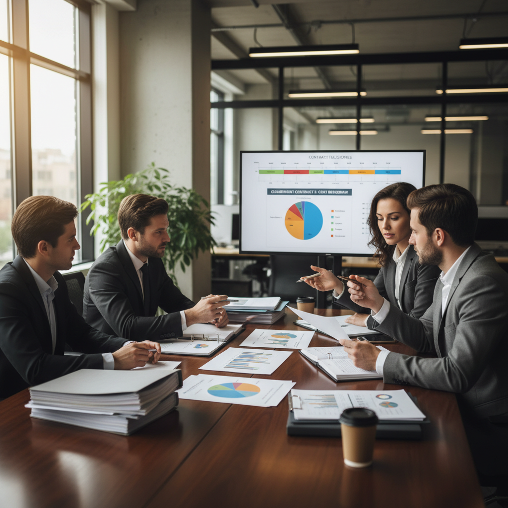 Professional financial consultation meeting in a modern office with documents and laptops on a conference table, dark atmospheric lighting