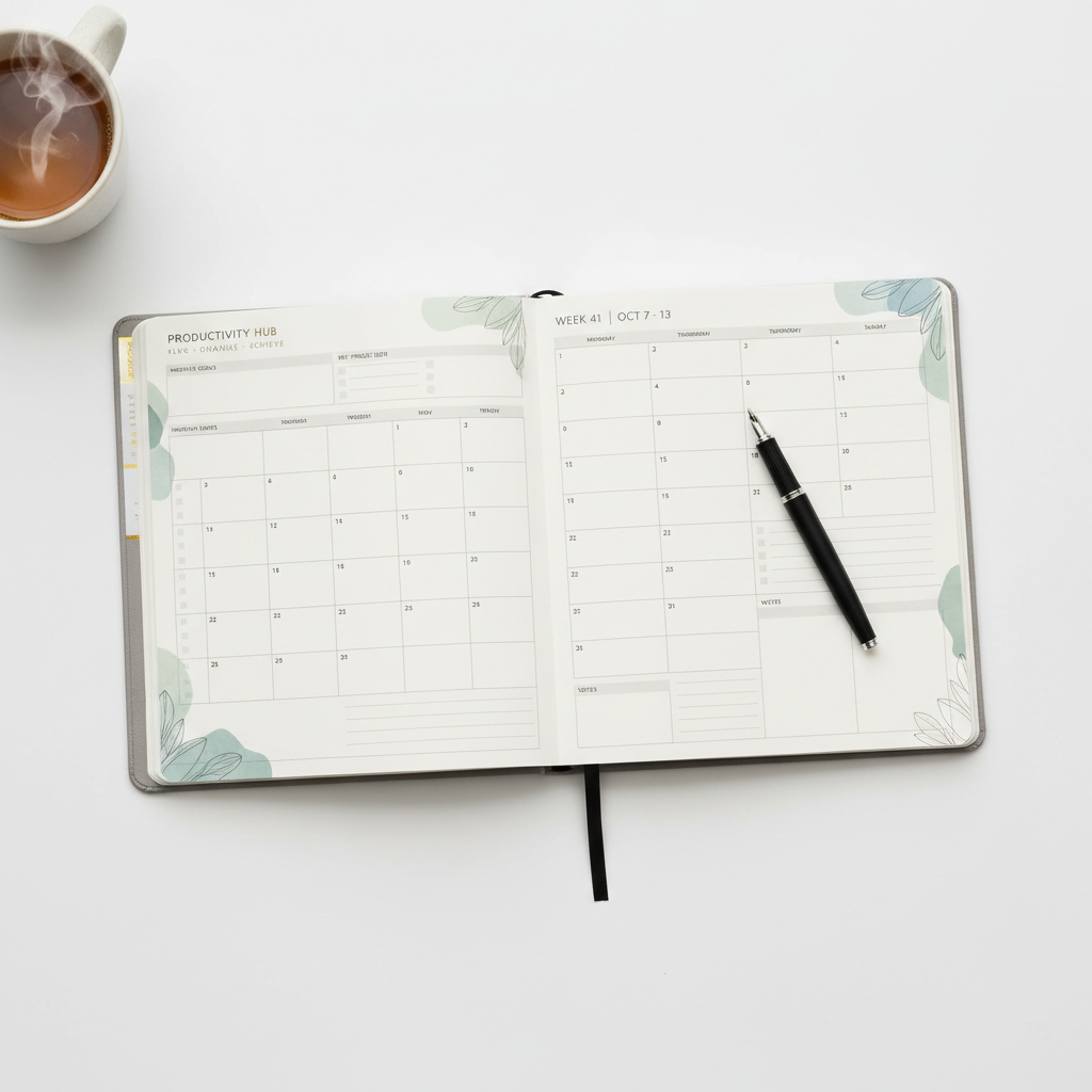 Open planner on white desk with pen, organized calendar pages, soft light, productive atmosphere