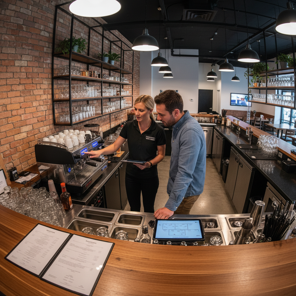 Andante team member working alongside franchisee in bar setup and training