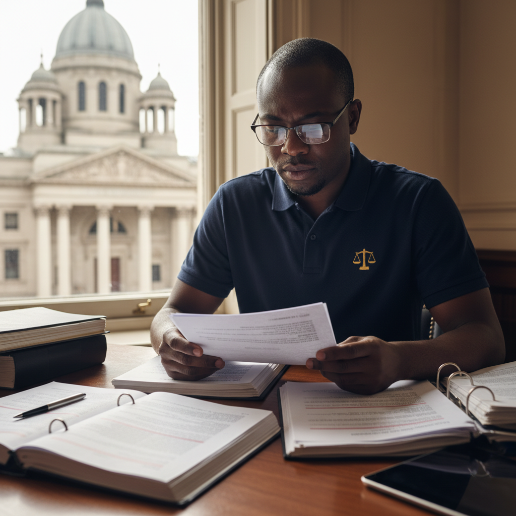 African lawyer in Joe & Jane Humanitarian Foundation branded polo shirt reviewing legal documents, court building visible through window, natural daylight