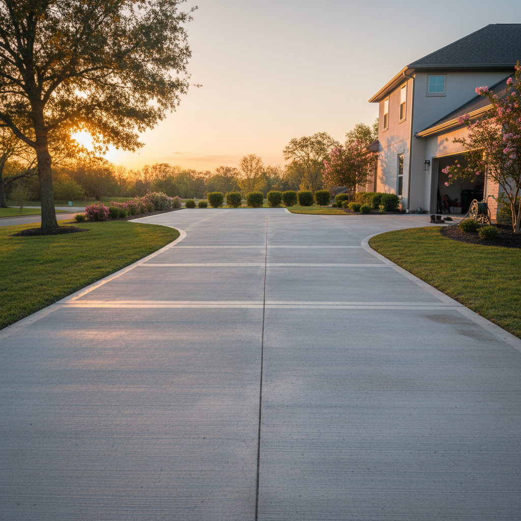Freshly poured residential concrete driveway with broom finish texture in suburban Scottsdale neighborhood at golden hour