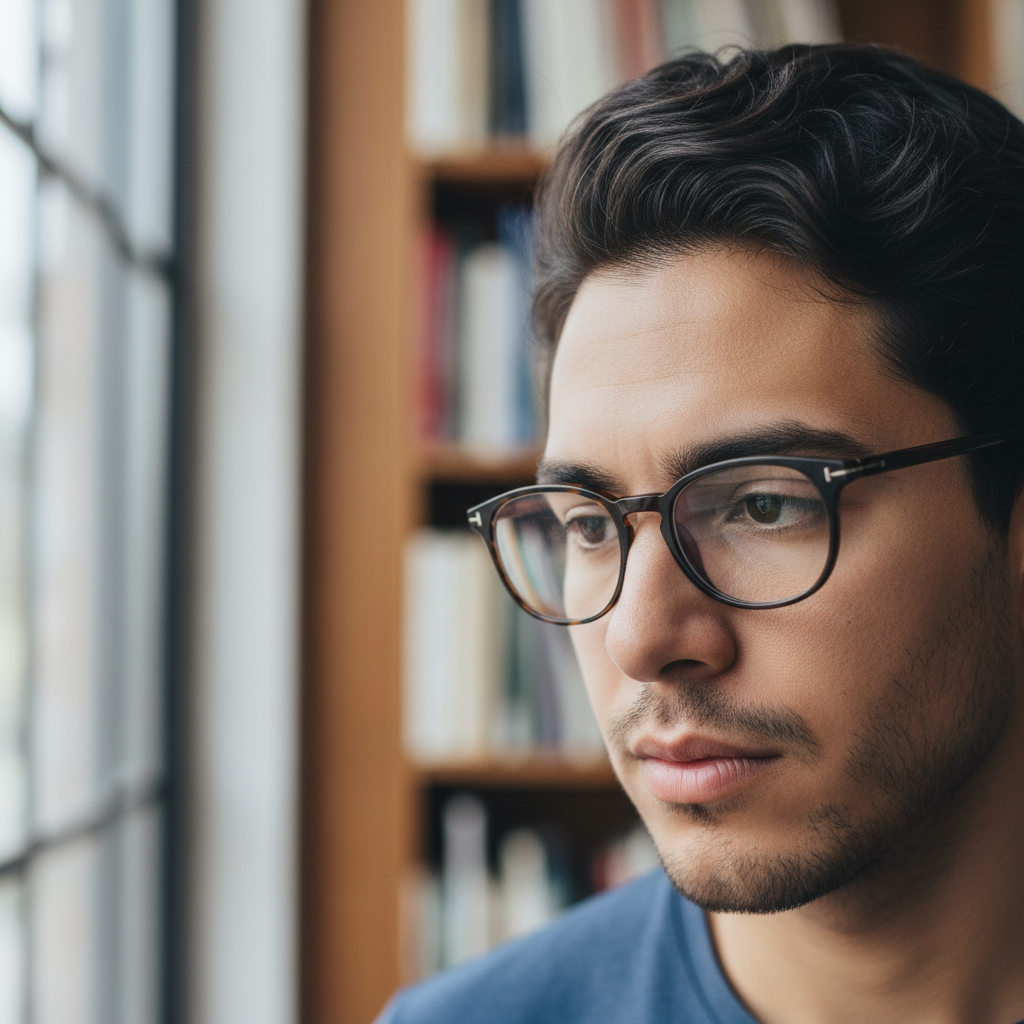 Homem brasileiro jovem adulto com óculos e expressão pensativa, fundo escuro suave