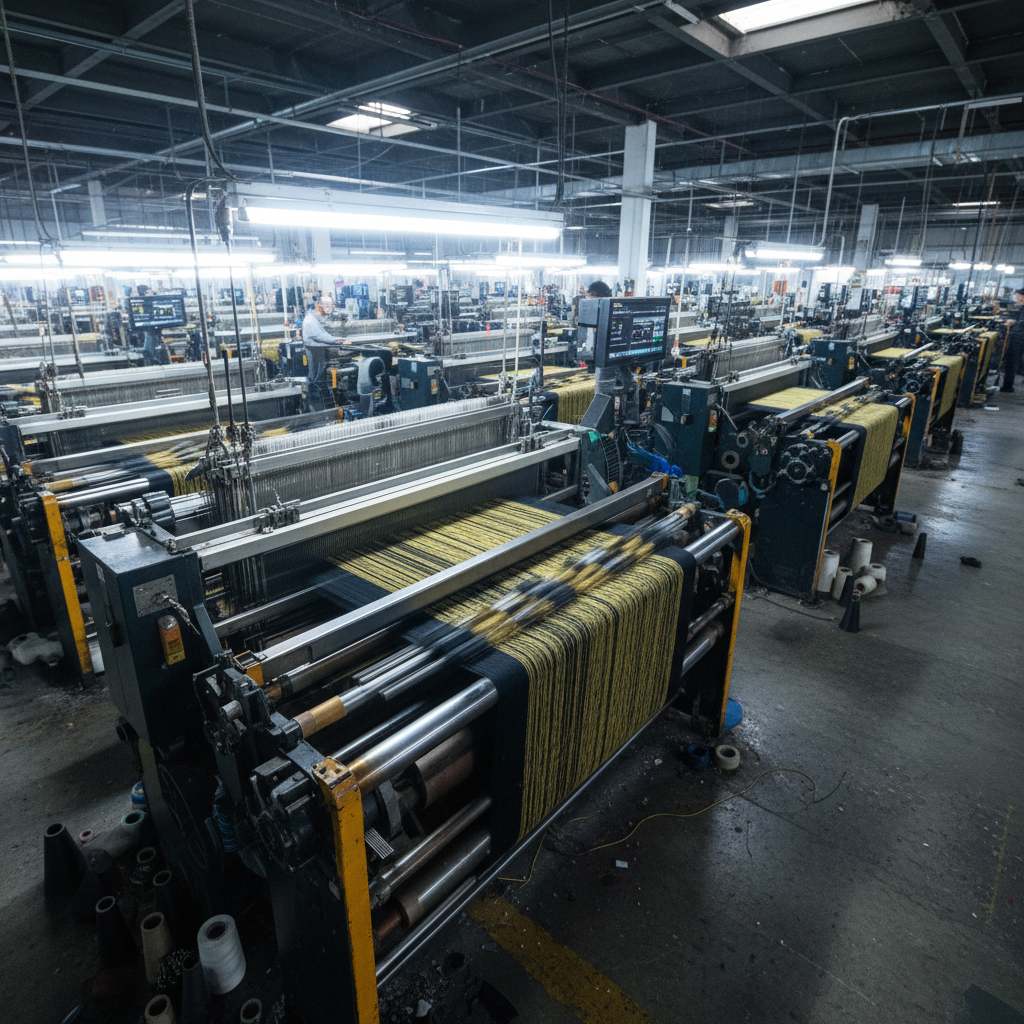 Industrial loom weaving fabric threads, machinery in operation, factory floor