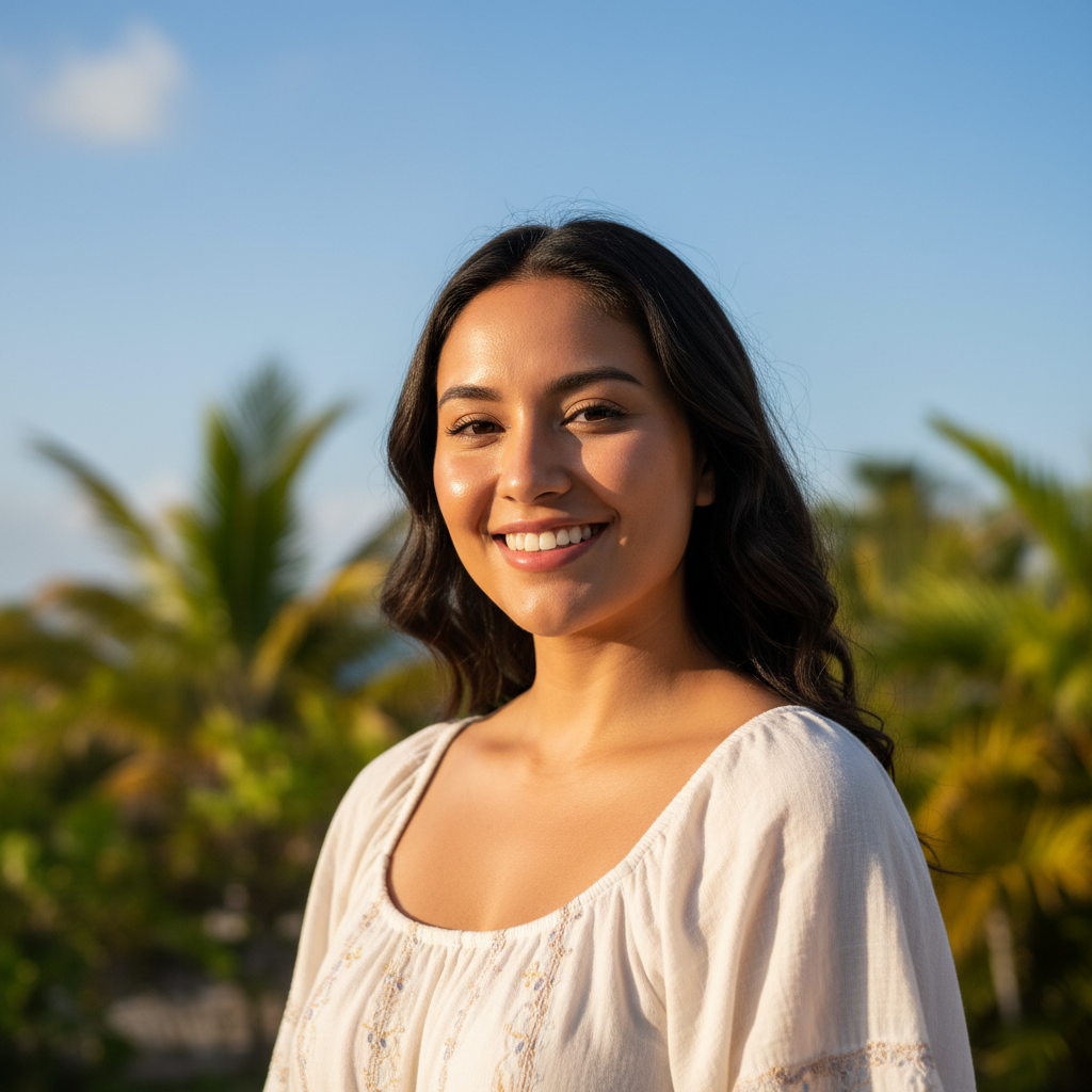 Young woman with dark hair smiling outdoors in warm afternoon light