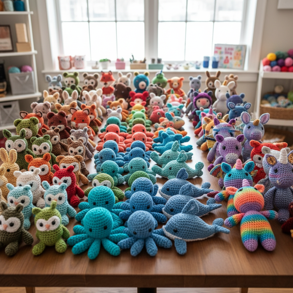 Colorful amigurumi animals arranged on light wood surface, bright natural light