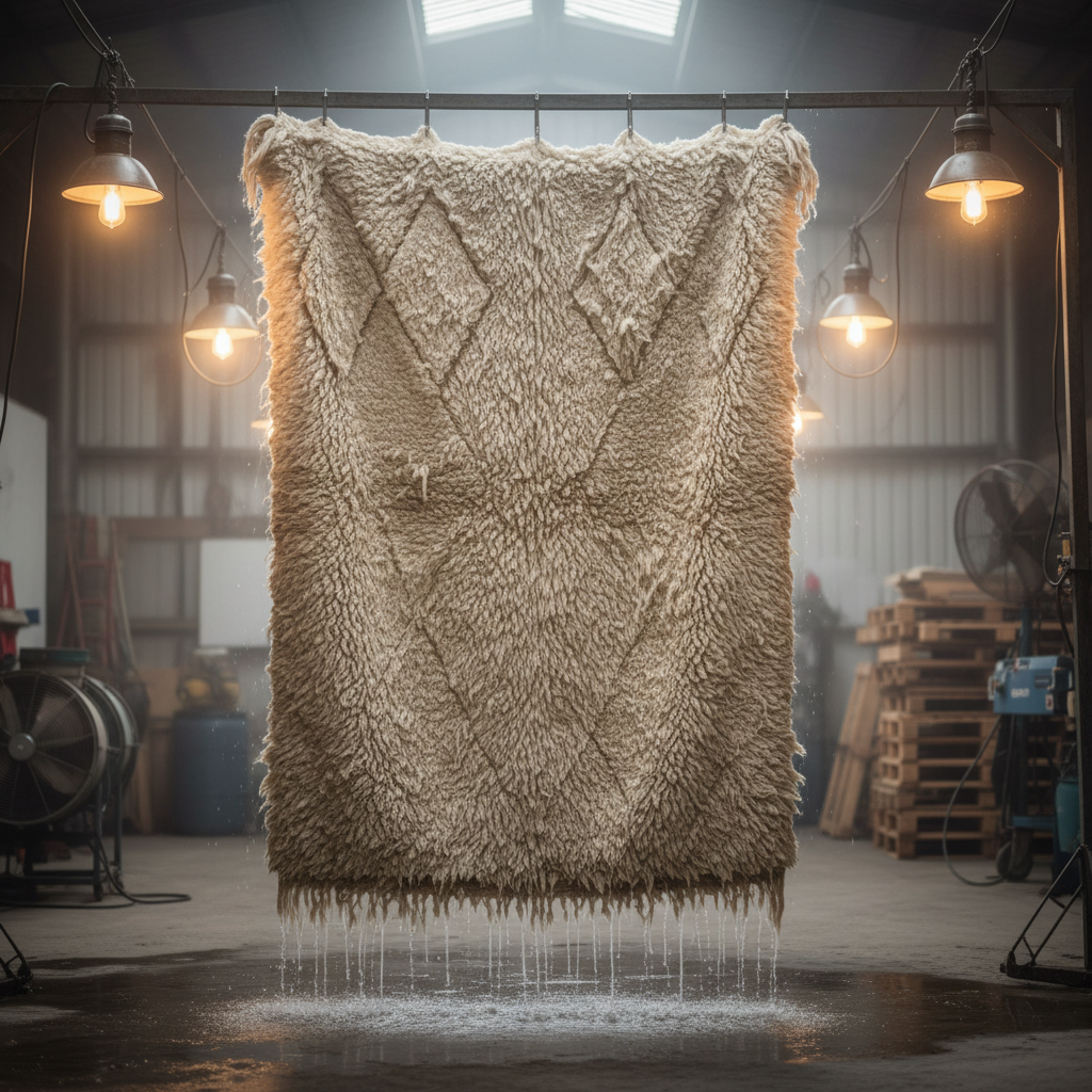 Water-logged Beni Ourain Berber carpet suspended vertically in drying bay, natural undyed wool fibres visible under workshop lighting