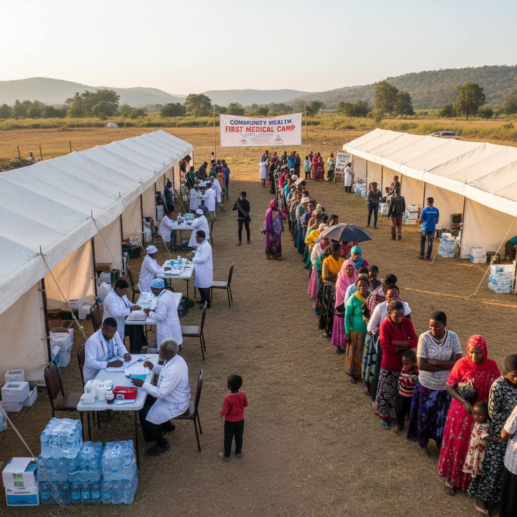 Doctors and nurses at outdoor medical camp serving patients in Indian village setting