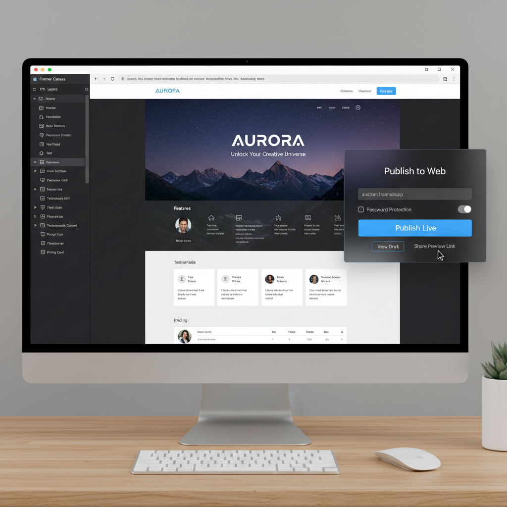 Webflow visual editor showing a landing page design with responsive breakpoints panel