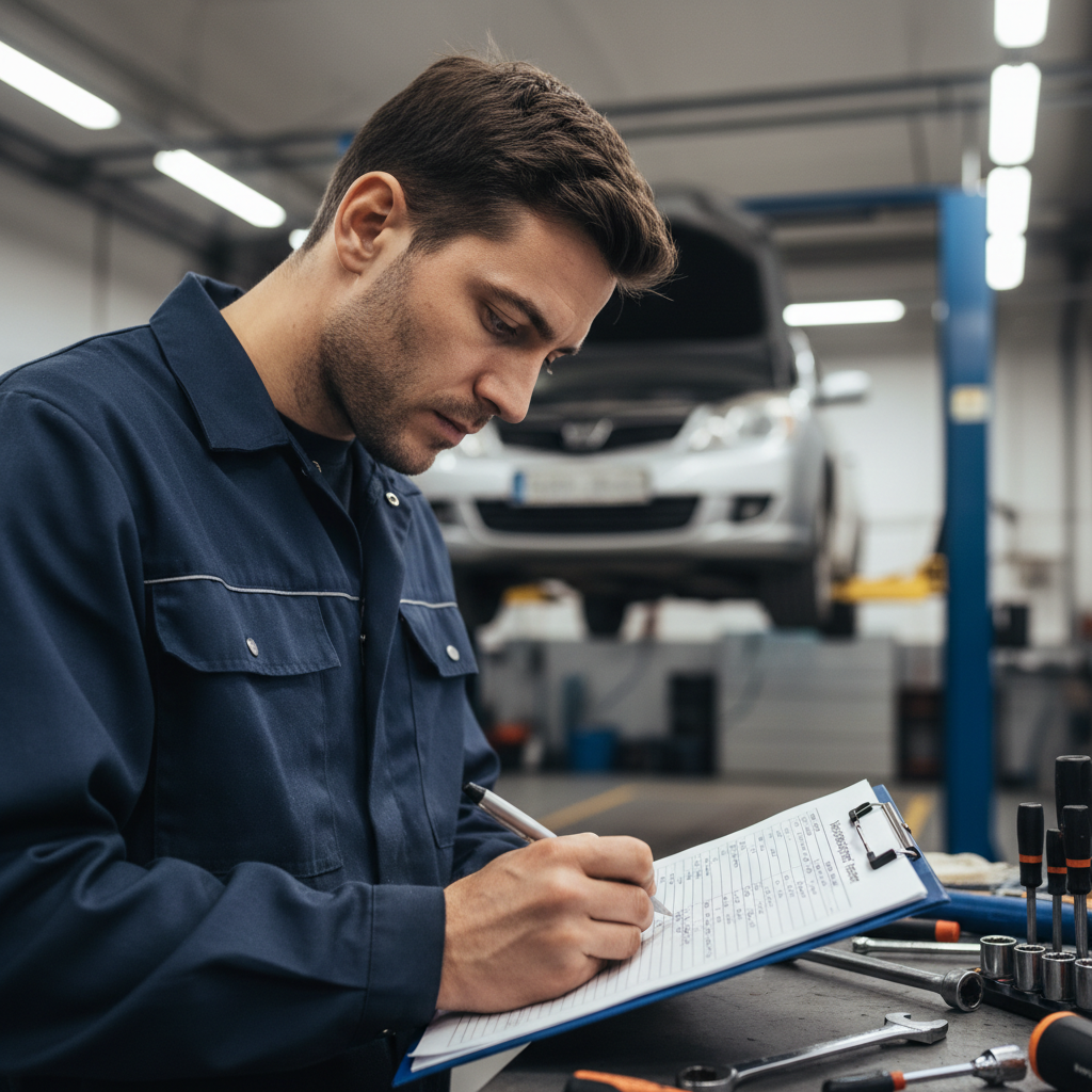 Mechanic writing on a clipboard while inspecting a vehicle in a service bay