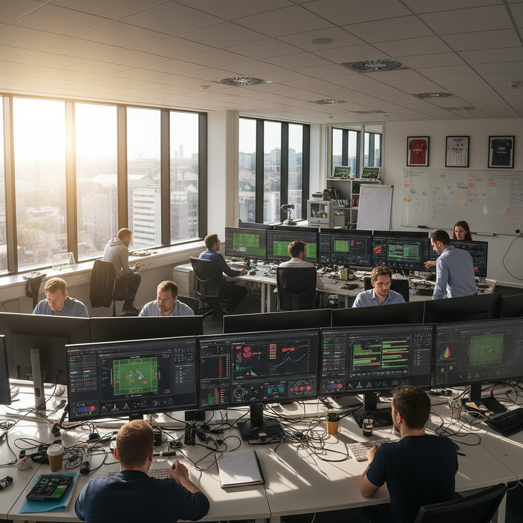 Bright open-plan office with large windows, team members at standing desks reviewing analytics dashboards on monitors