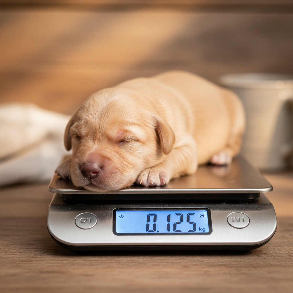 Tiny newborn puppy being weighed on a kitchen scale with warm overhead lighting