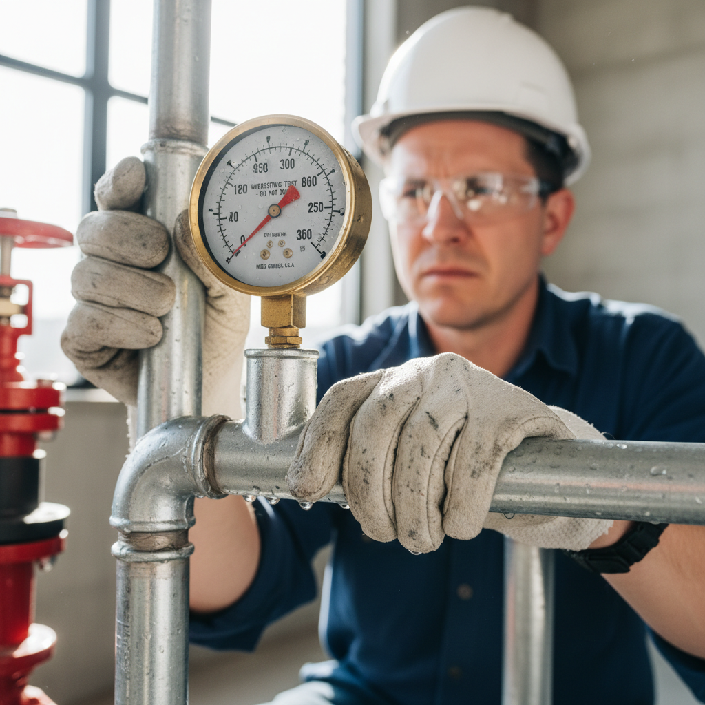 Fire sprinkler inspector checking pressure gauge on a completed system during hydrostatic test