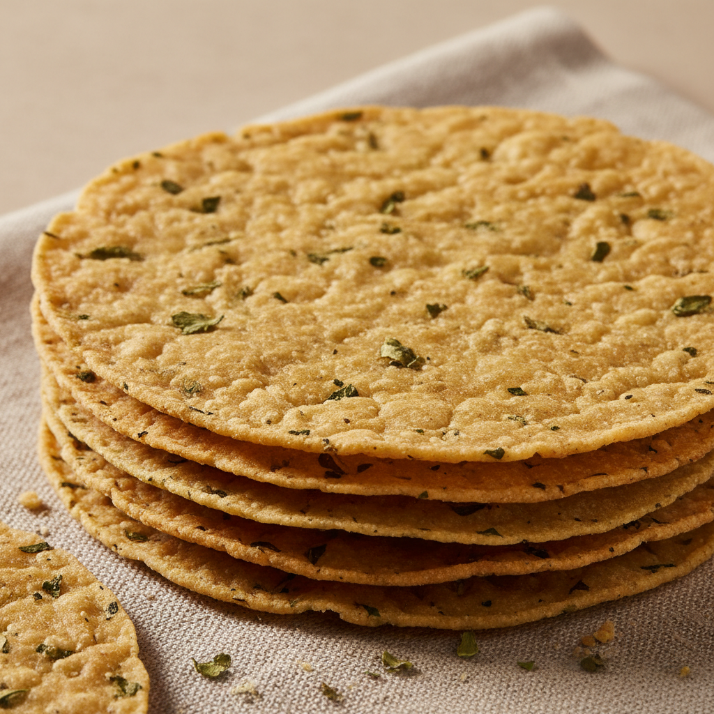 Crispy khakhra in warm natural lighting close-up shot