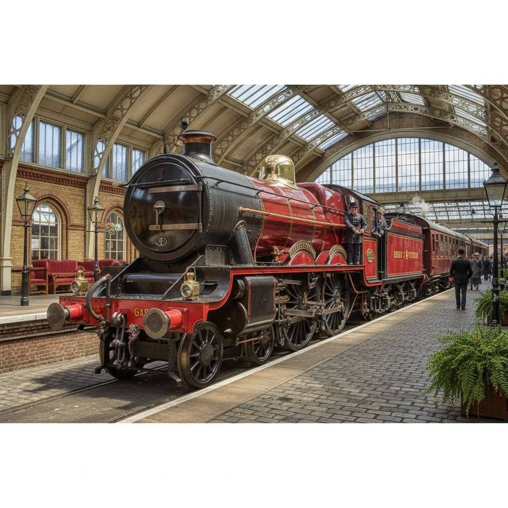 Victorian express passenger locomotive, elegant design, polished brass details, station platform