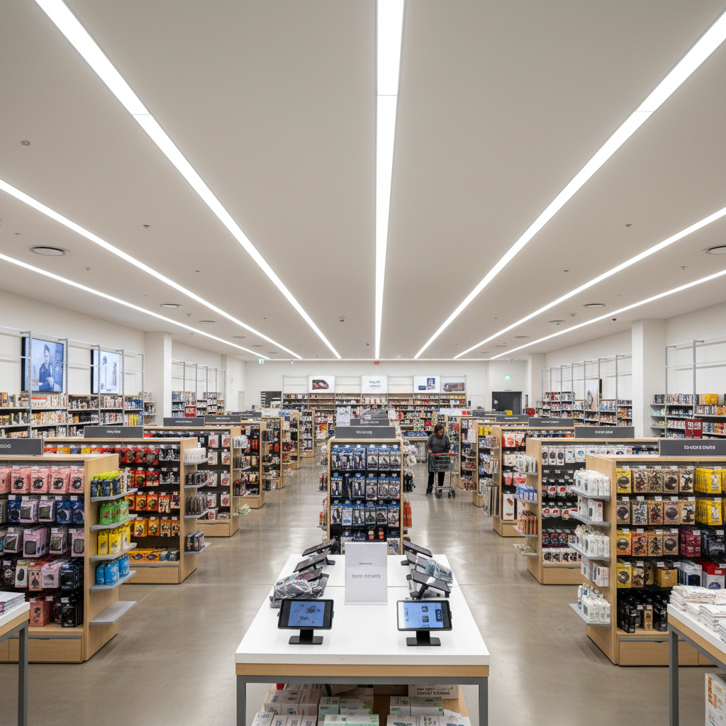 RetailCorp store interior showing organized product displays, modern fixtures, and welcoming open space with natural light