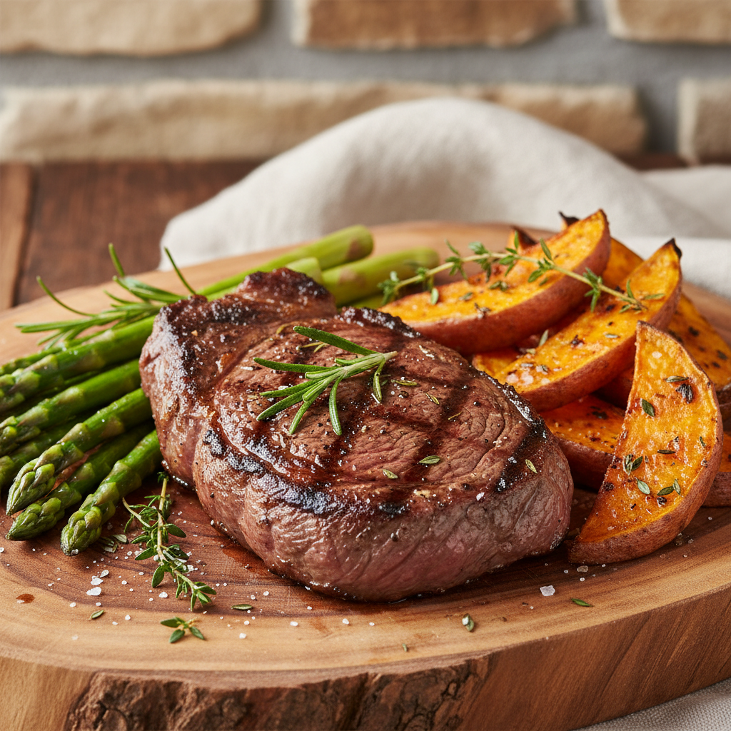Warm sunlit paleo plate with grilled meat, sweet potato, and mixed greens on rustic wooden board
