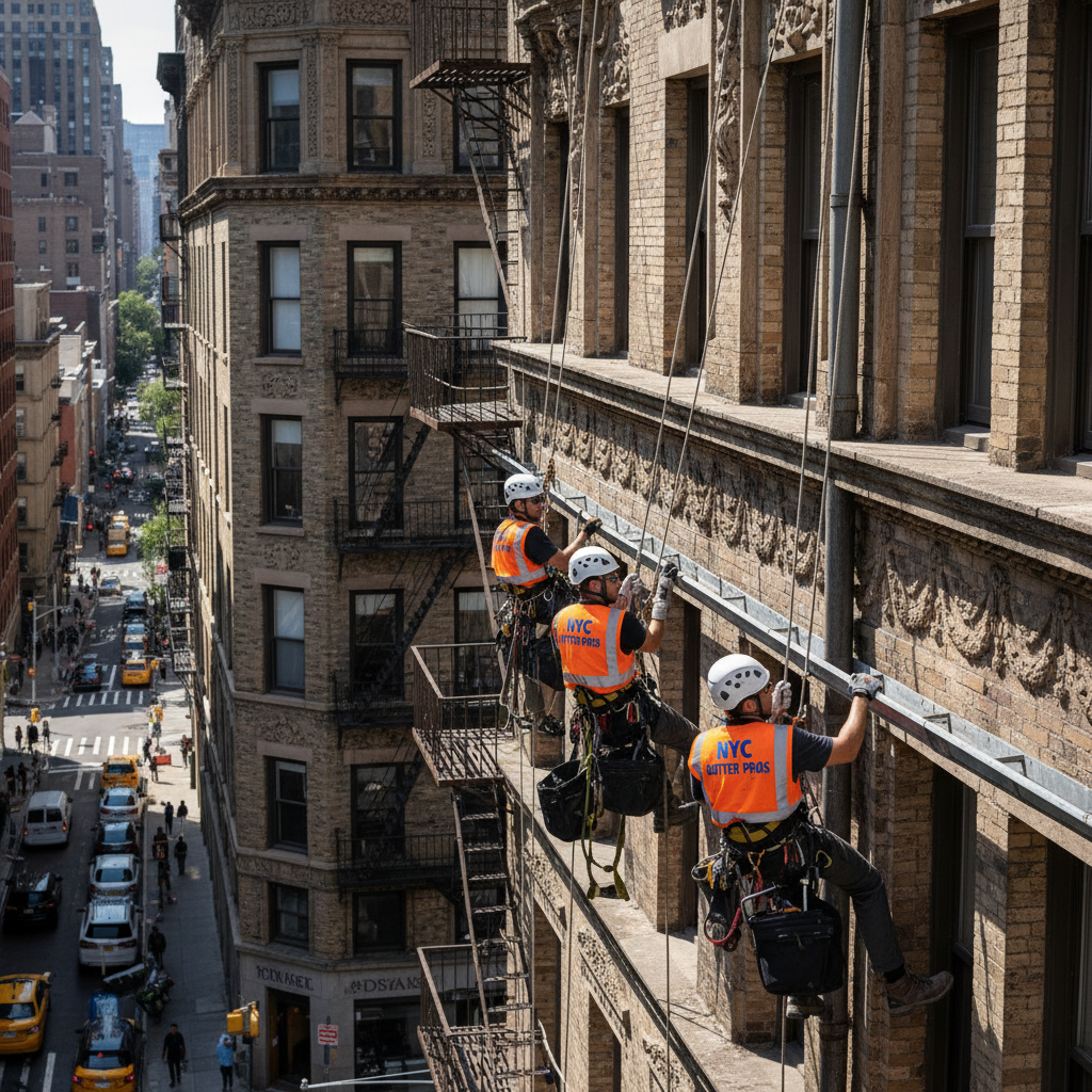 Three-person Gutter NYC rope access team in branded hardhats and orange safety vests mid-descent on a six-story pre-war Manhattan building facade