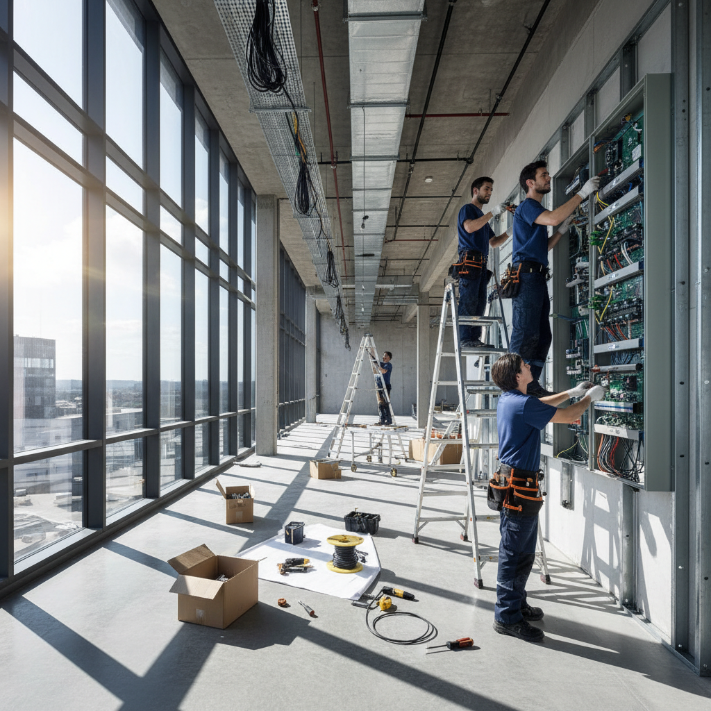 Professional electrical panel installation and wiring work, well-lit technical environment