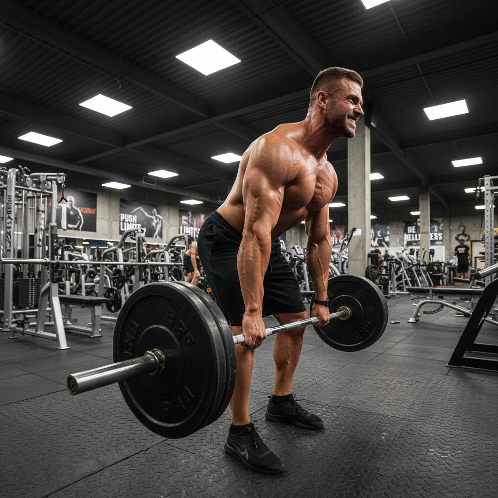 Athlete performing deadlift with heavy weights in professional gym