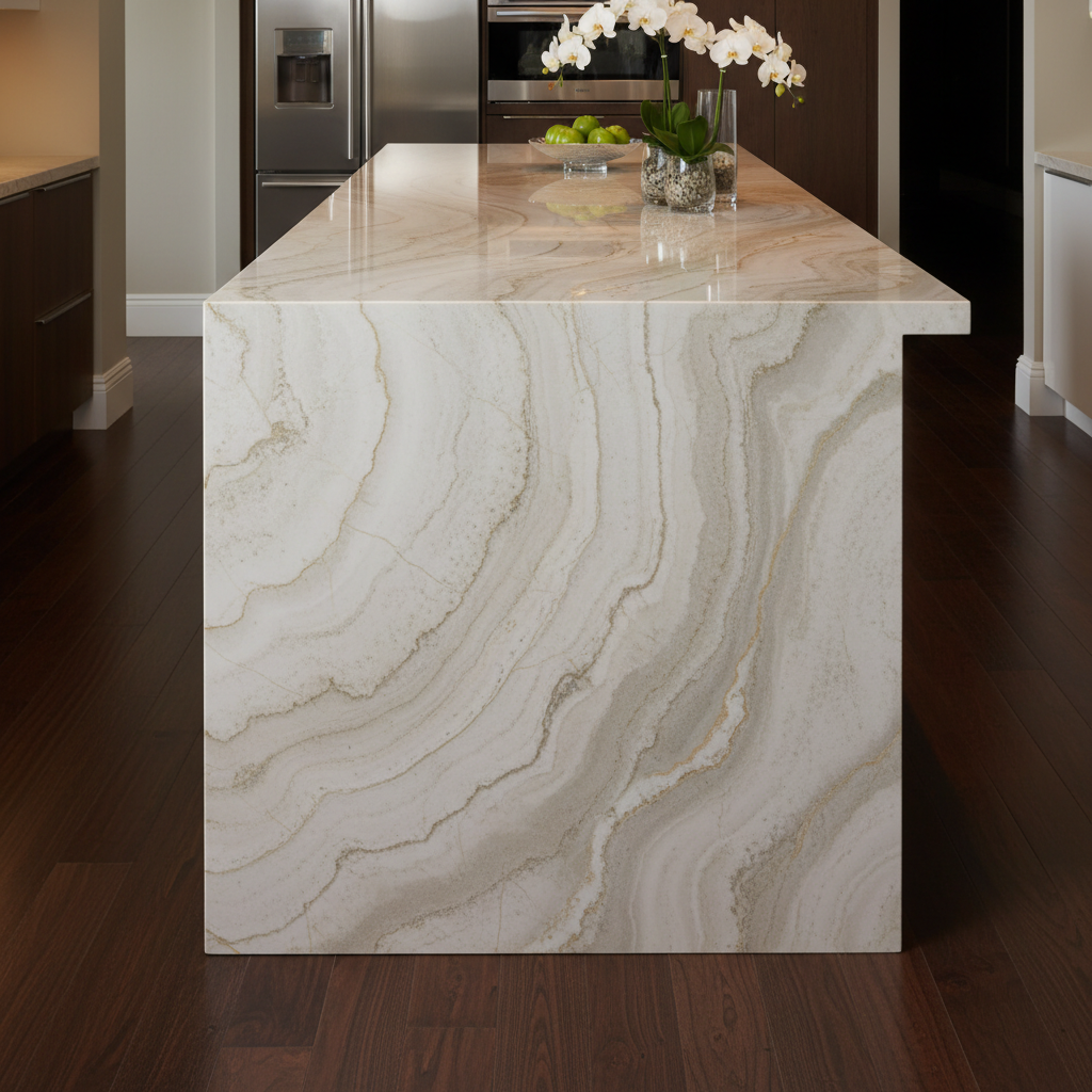 Completed Taj Mahal quartzite kitchen countertop installation with waterfall island edge and visible stone movement pattern