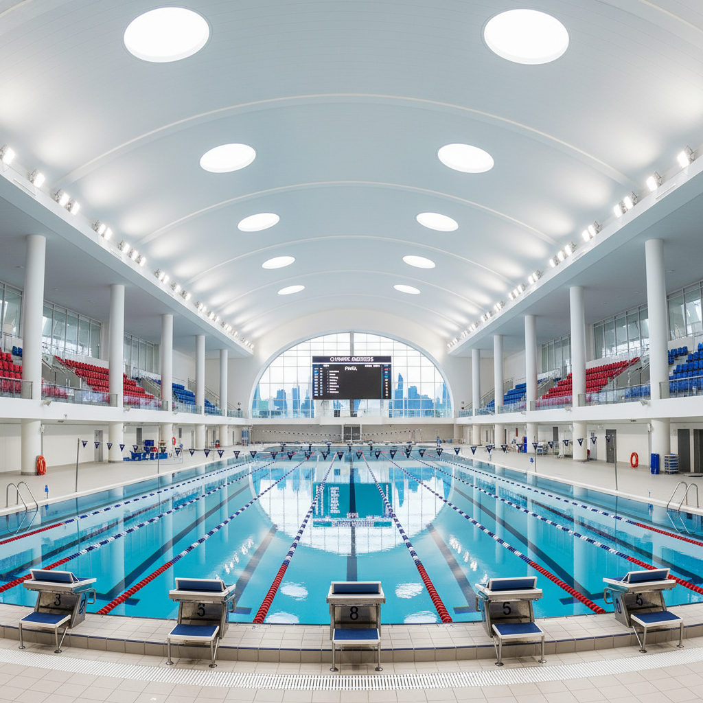 Olympic aquatic center interior with competition pool and starting blocks