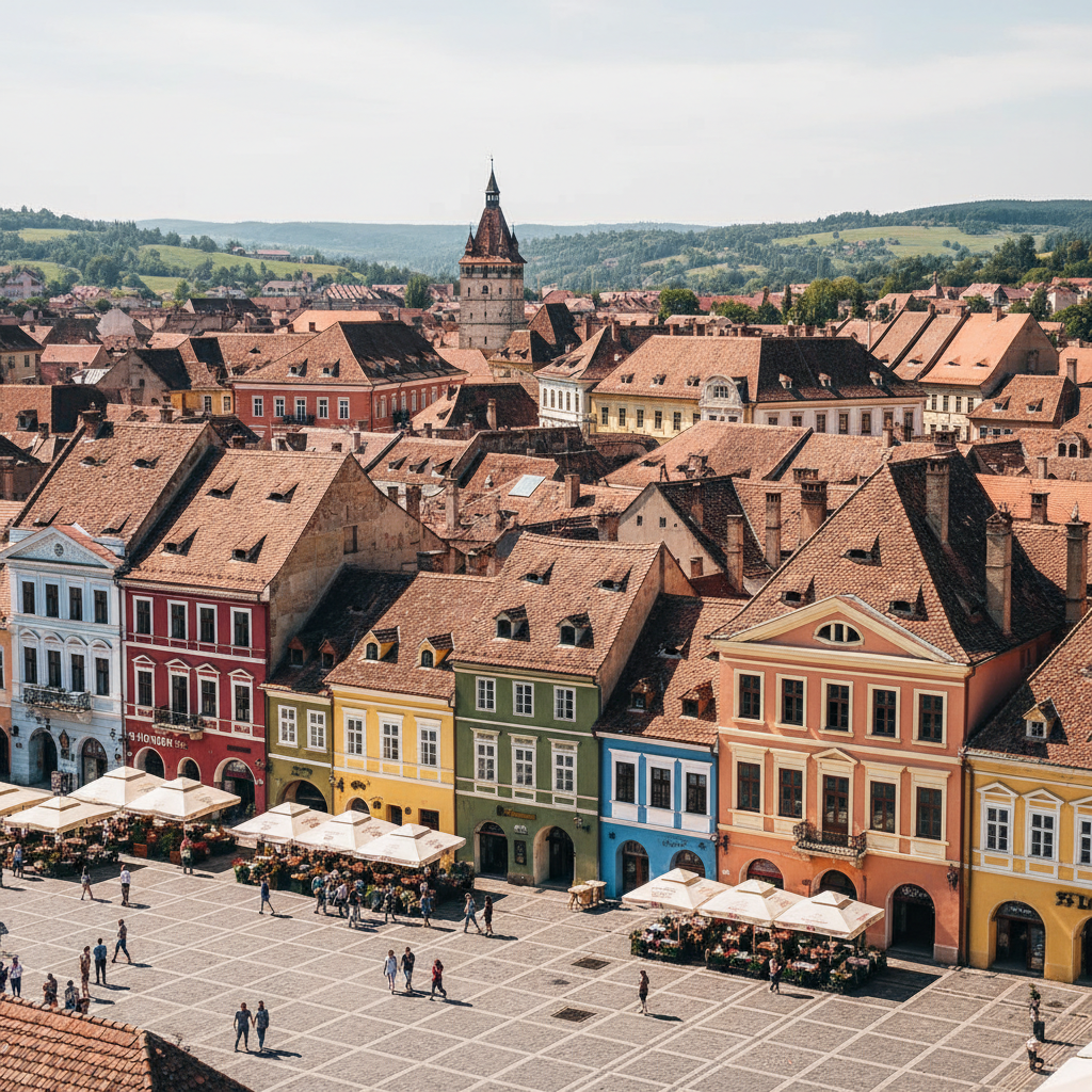 Sibiu historic center with colorful houses and iconic eyes on rooftops