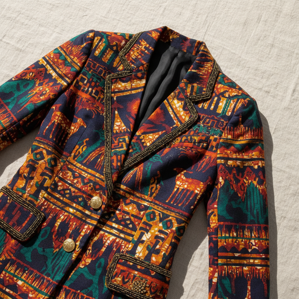 Bold African print blazer jacket on clothing display
