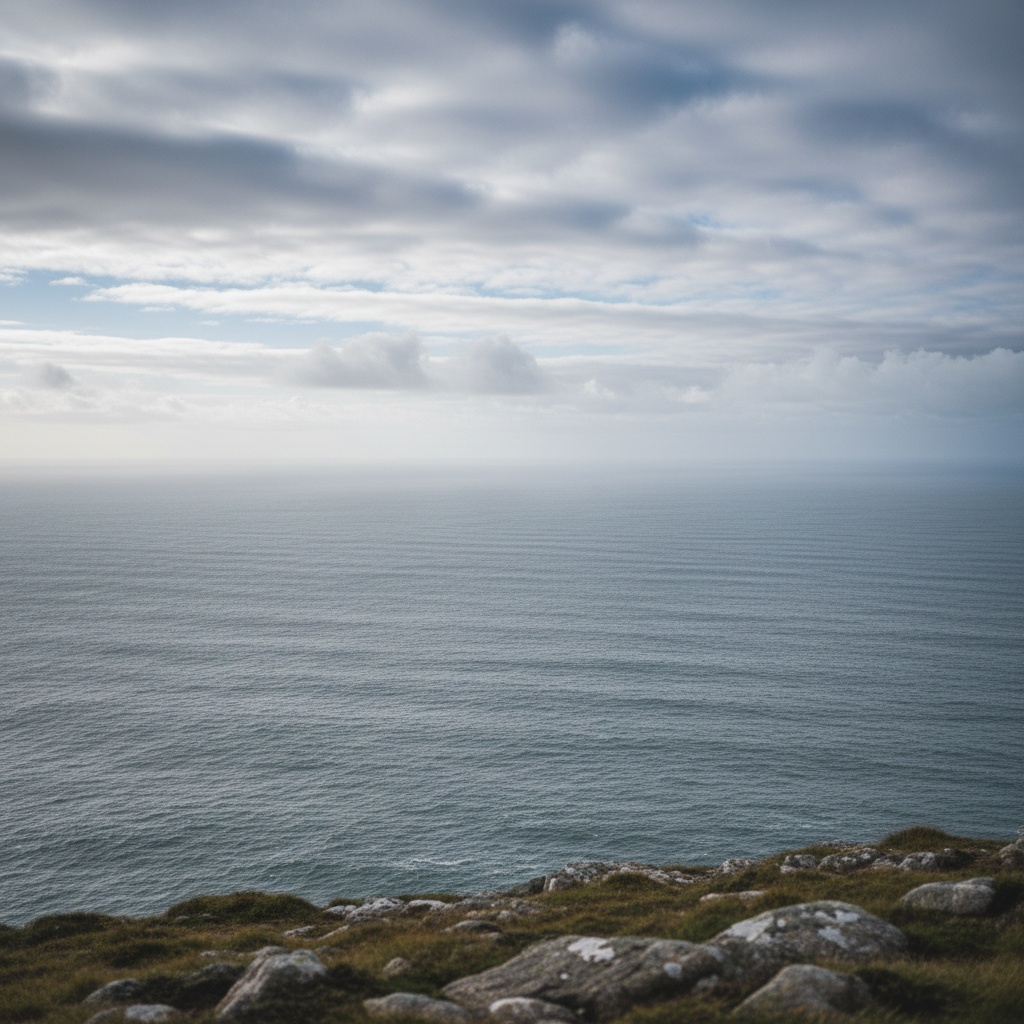 Vast empty Atlantic ocean and sky from a Scottish headland, horizon barely distinguishable from clouds