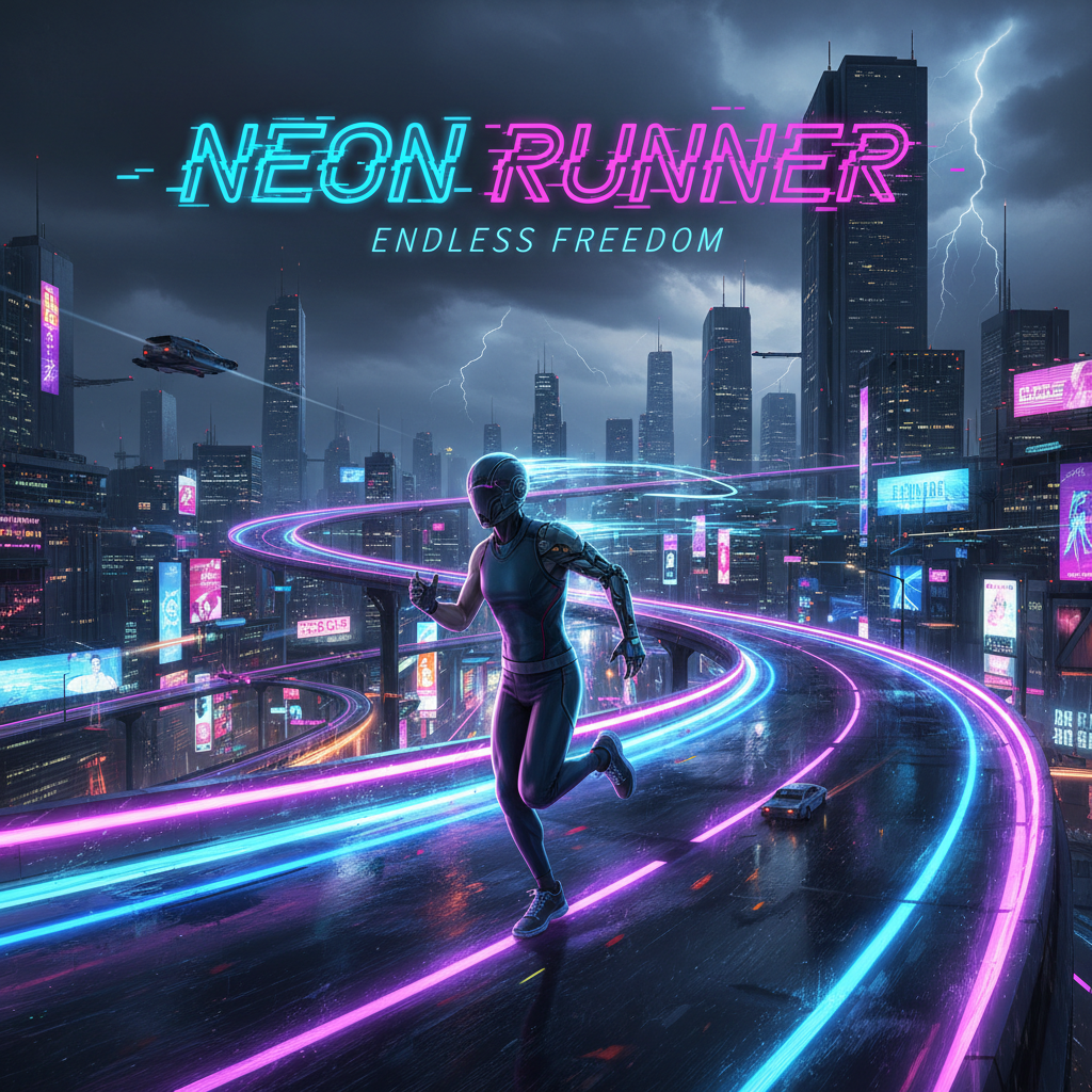 Neon cyberpunk running game with glowing platforms and purple lighting