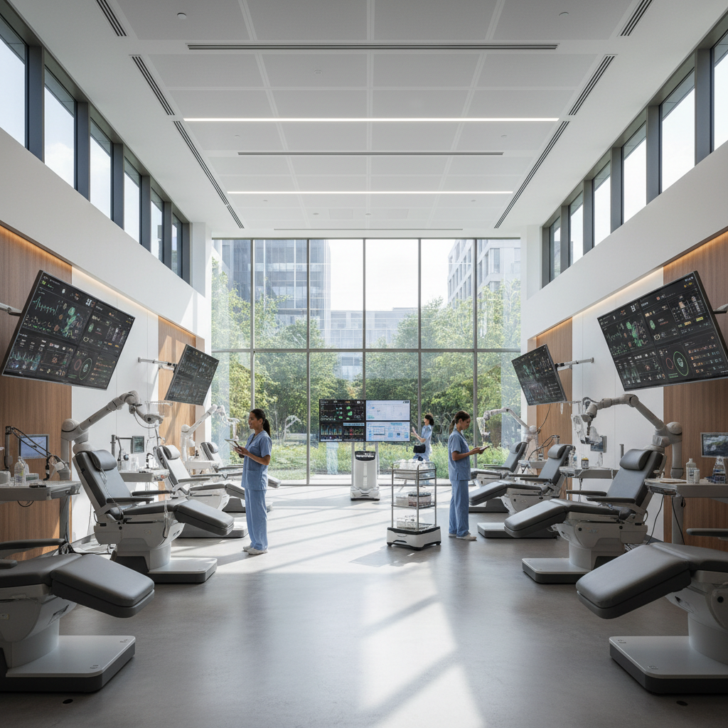 Modern healthcare facility with digital displays and clean medical environment