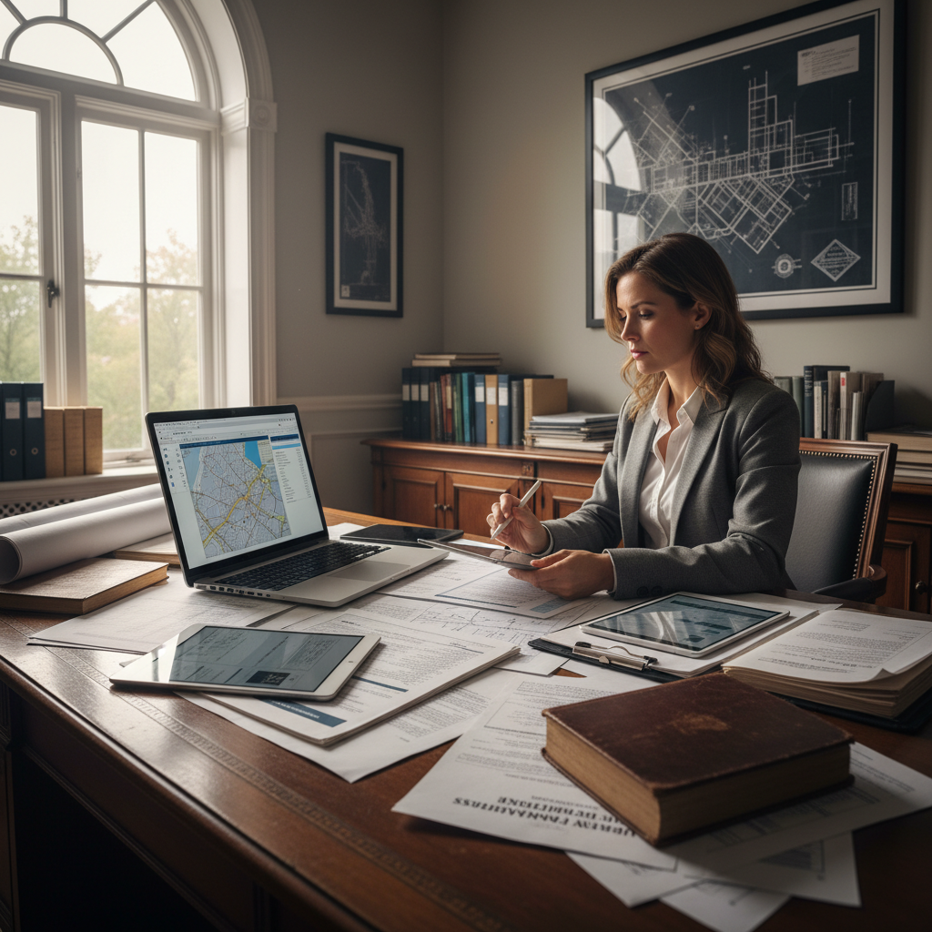 Professional reviewing financial documents at a clean modern desk with laptop