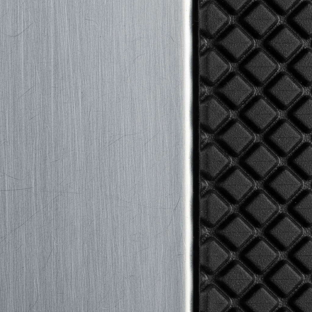 Close-up material shot for Meridian — Brushed 6061 Aluminum · Knurled Rubber