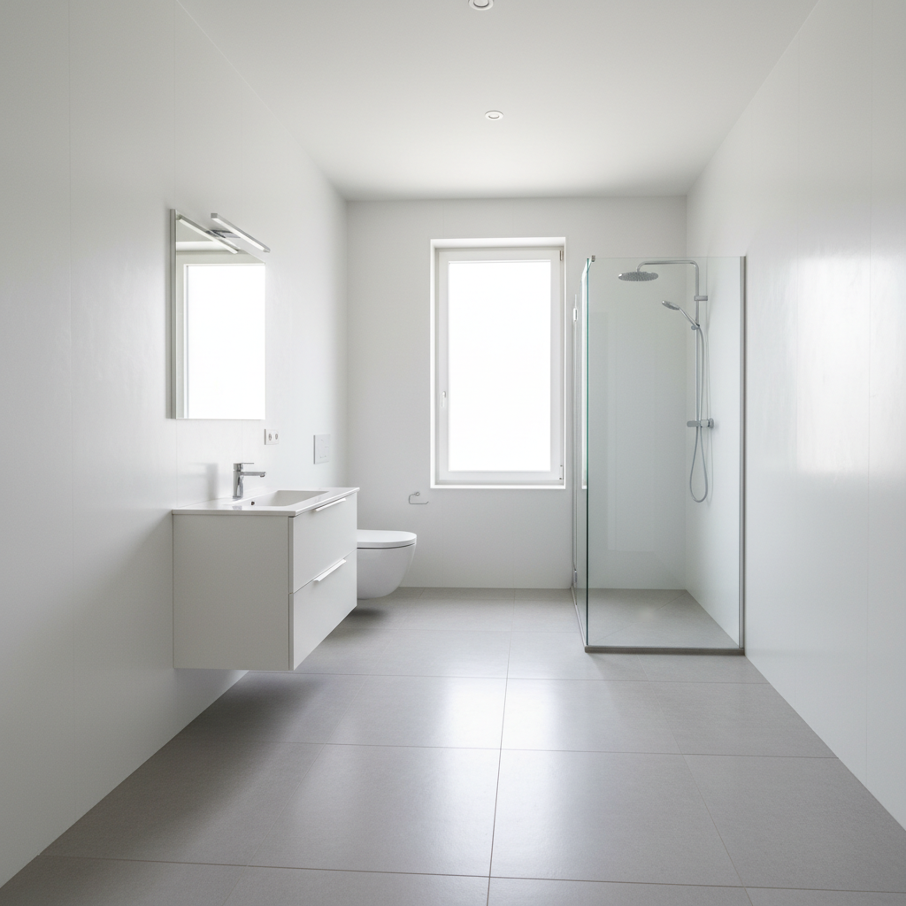 Clean white wall interior after mold remediation, bright well-lit professional environment