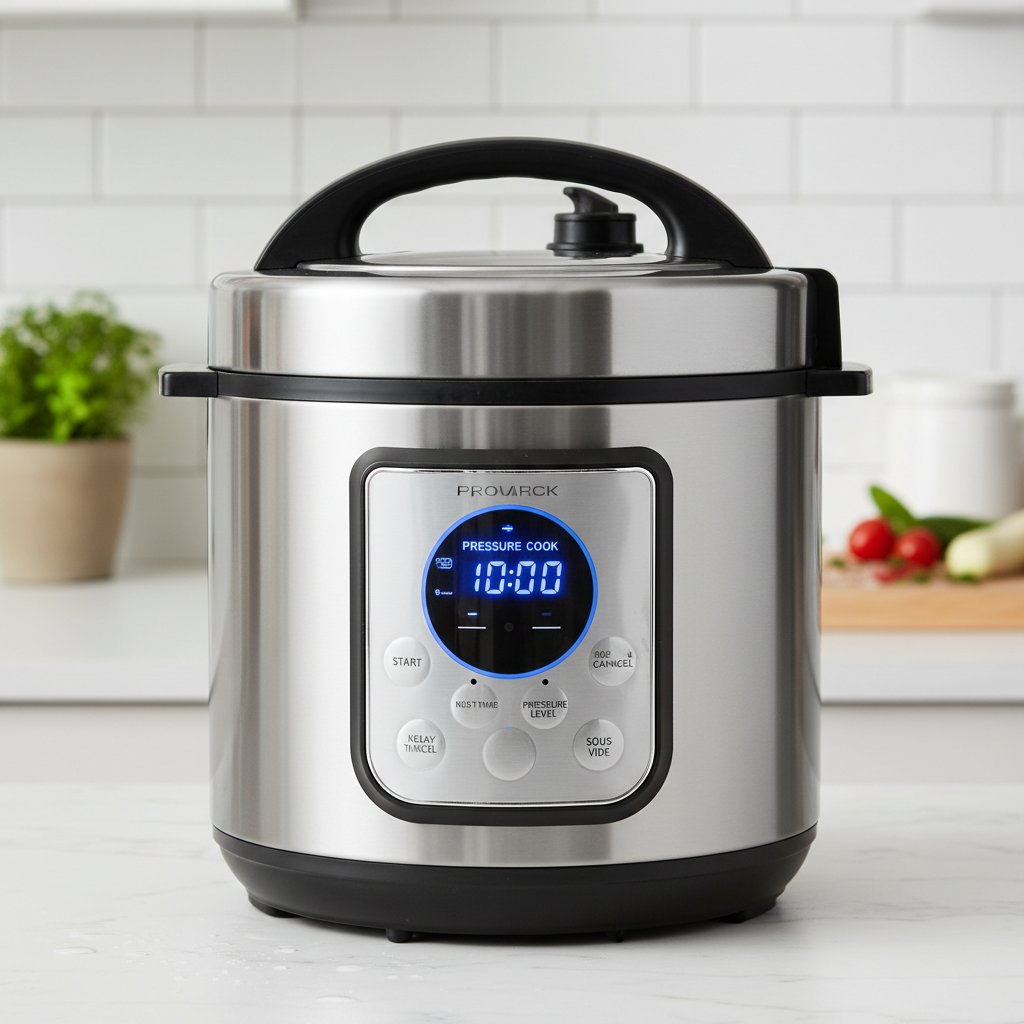 Silver electric pressure cooker on white kitchen counter, bright clean environment