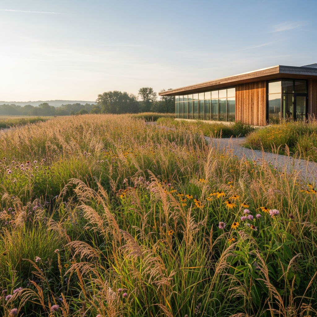 Prairie buffer planting along building north edge, native grasses in morning light