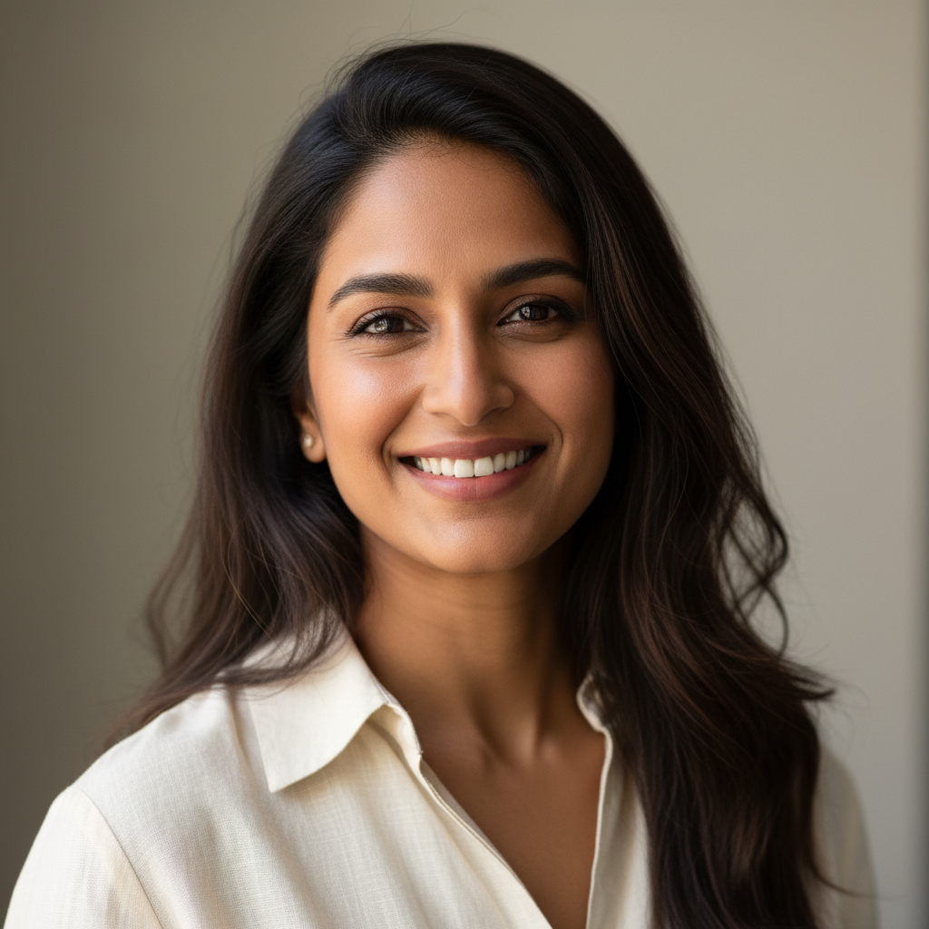 Indian woman smiling, professional headshot, warm natural light