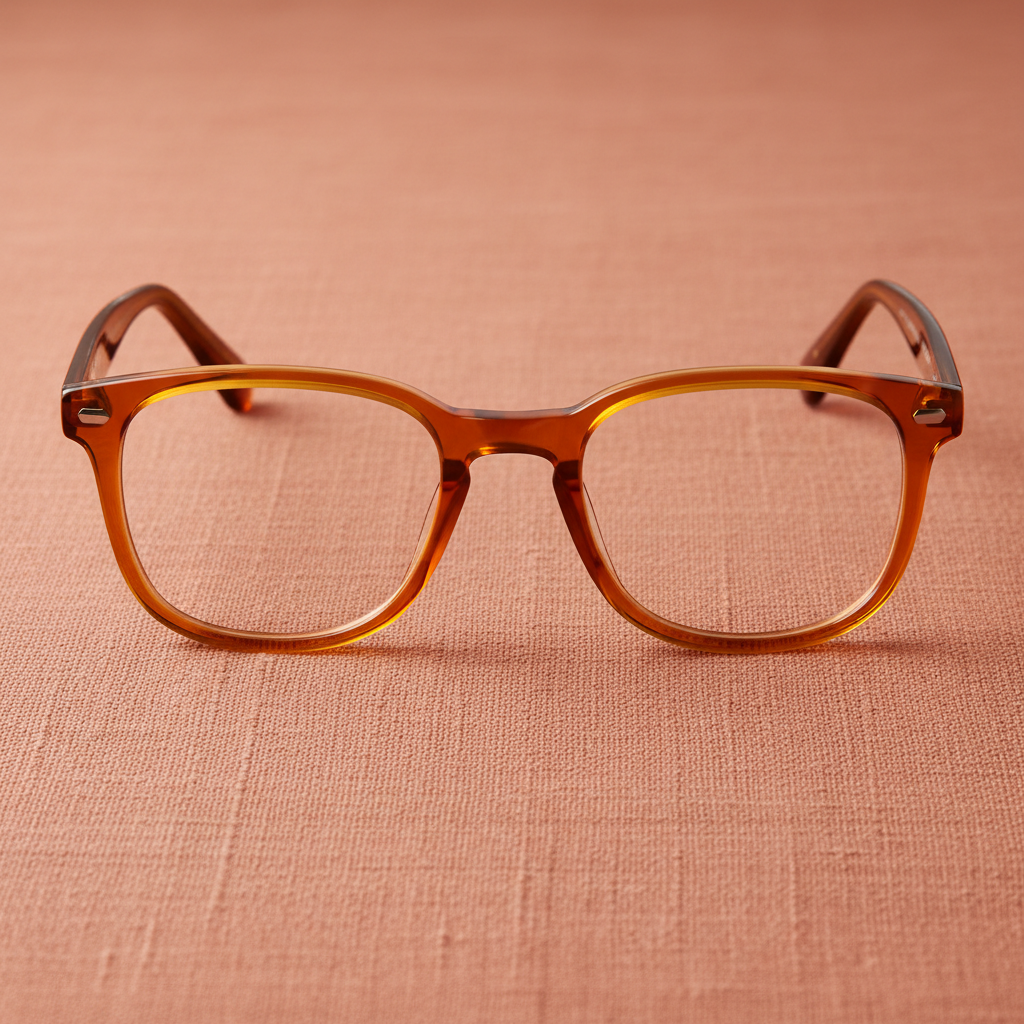 Warm amber acetate frames on terracotta linen — the Cinque Terre style