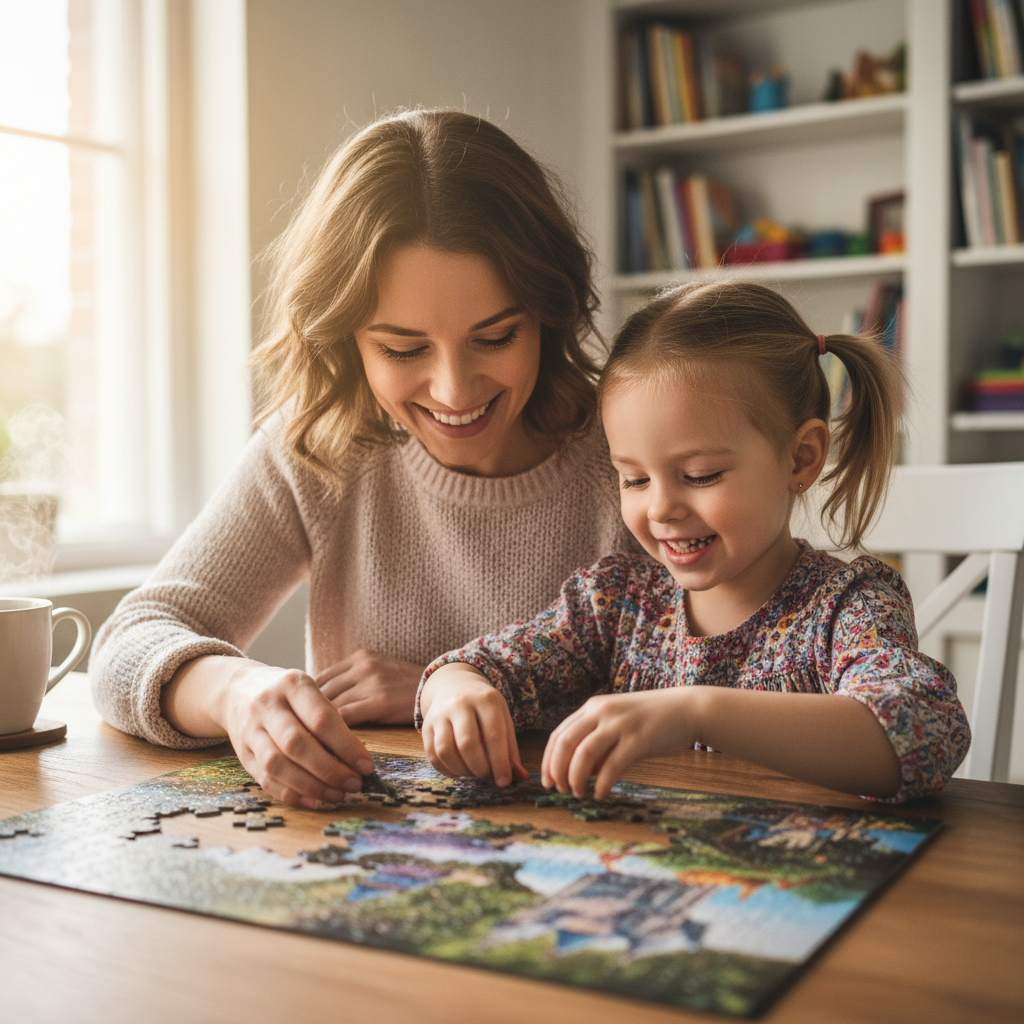 Elena Vasquez with her daughter doing puzzle