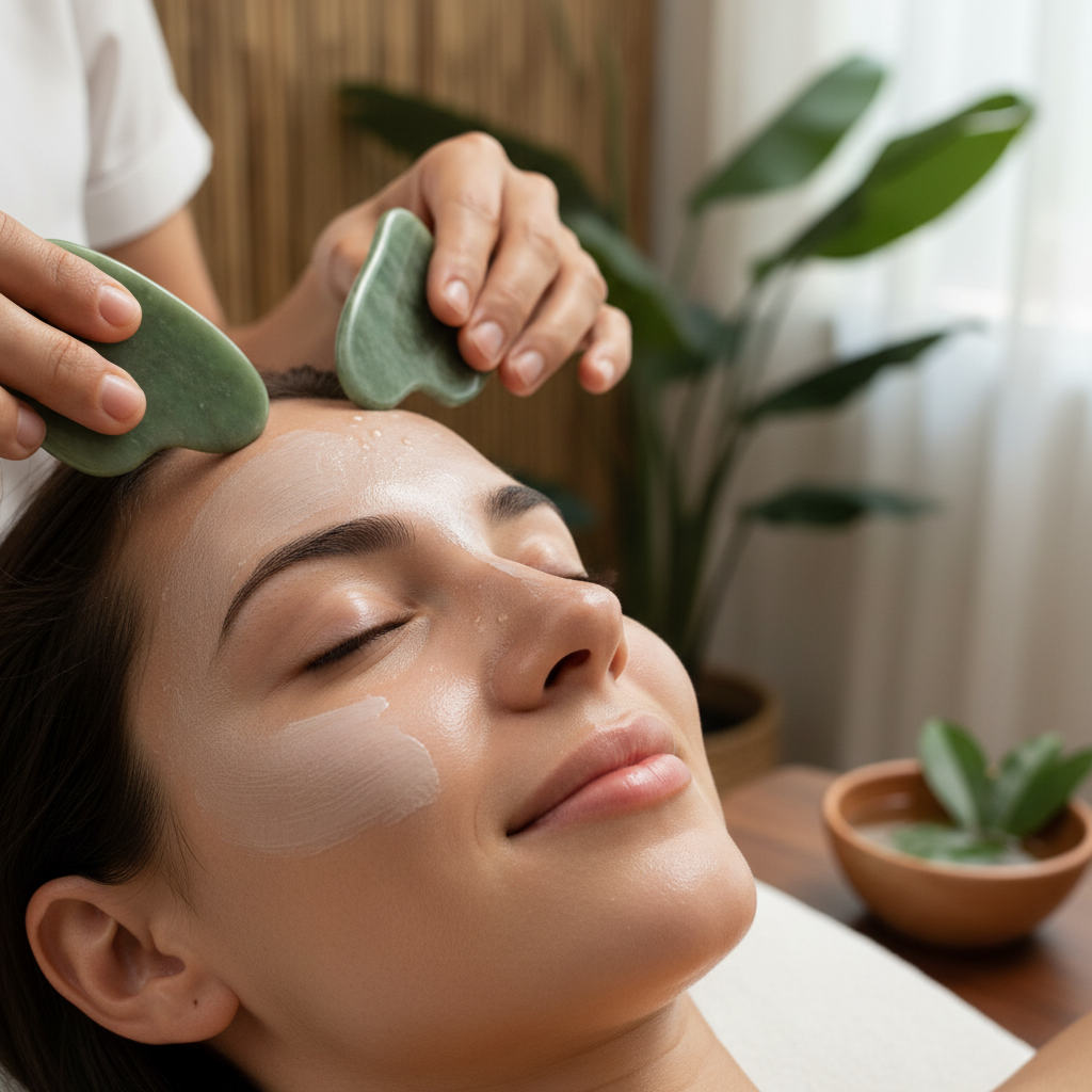 Luxury facial treatment with gua sha tools in serene spa room