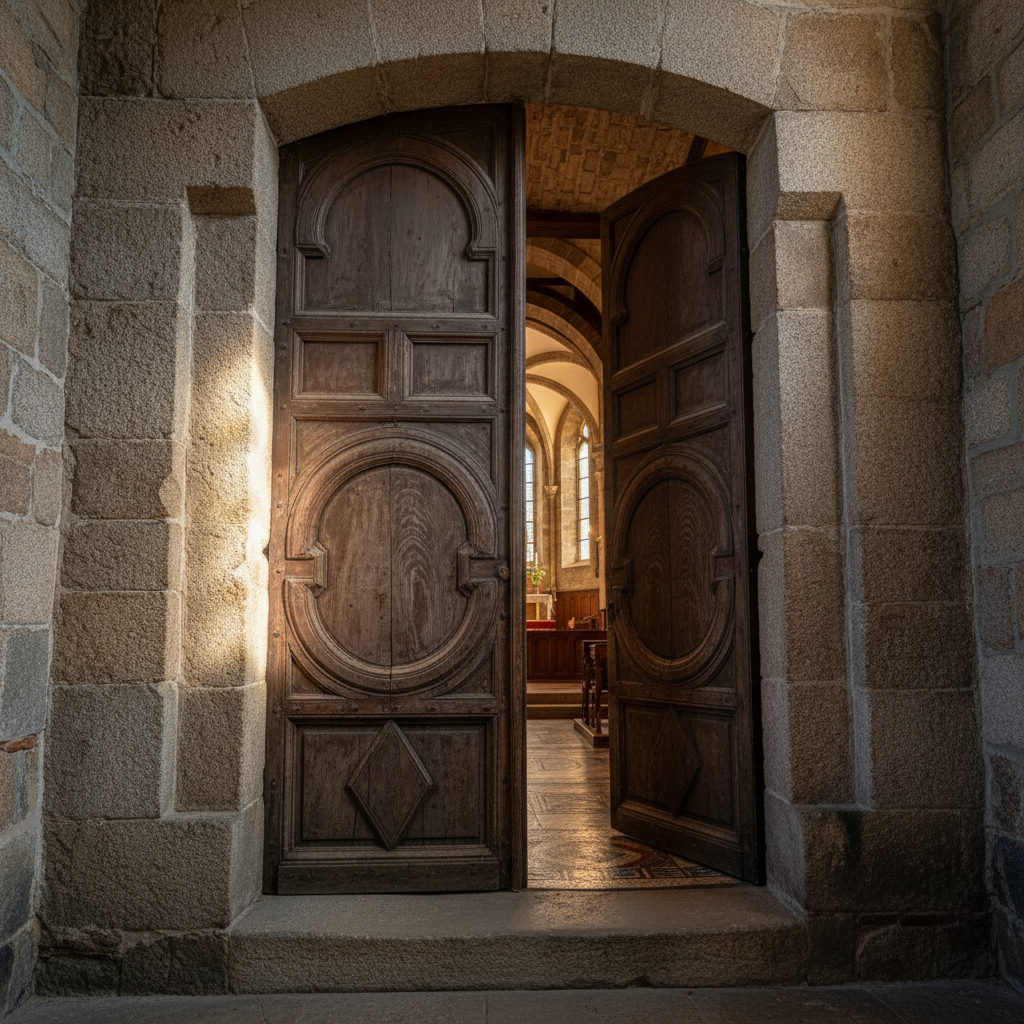 Church narthex entry threshold with heavy timber doors and stone surround