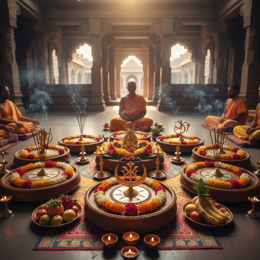 Navagraha puja ritual with nine planetary symbols and sacred offerings for cosmic balance