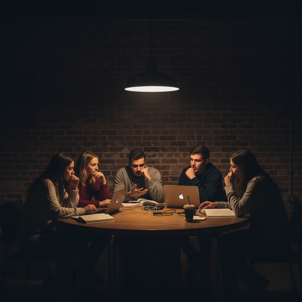 PhD thesis manuscript pages on dark surface, dim focused lighting, deep shadows, academic environment