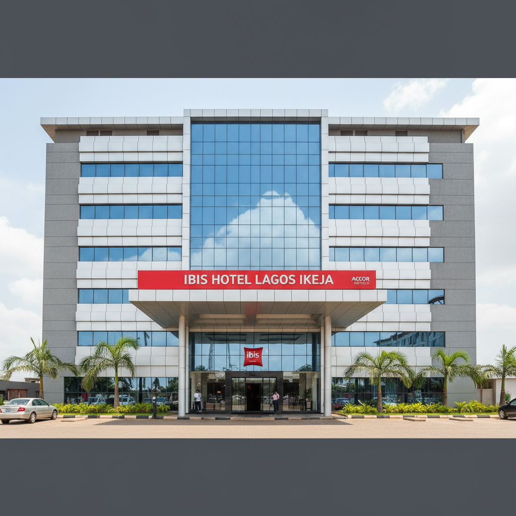 Modern hospital building exterior in Lagos, bright daylight, clean facade, professional healthcare facility