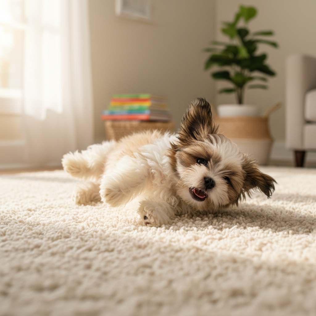 Fluffy Shih Tzu puppy tumbling playfully on soft indoor mat