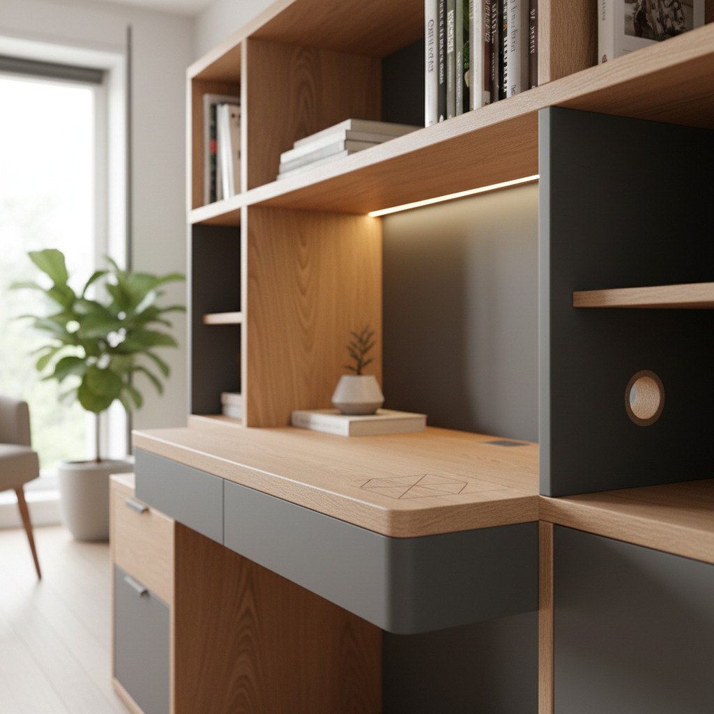 Bright contemporary home interior with built-in shelving, warm wood desk, and large windows with natural light