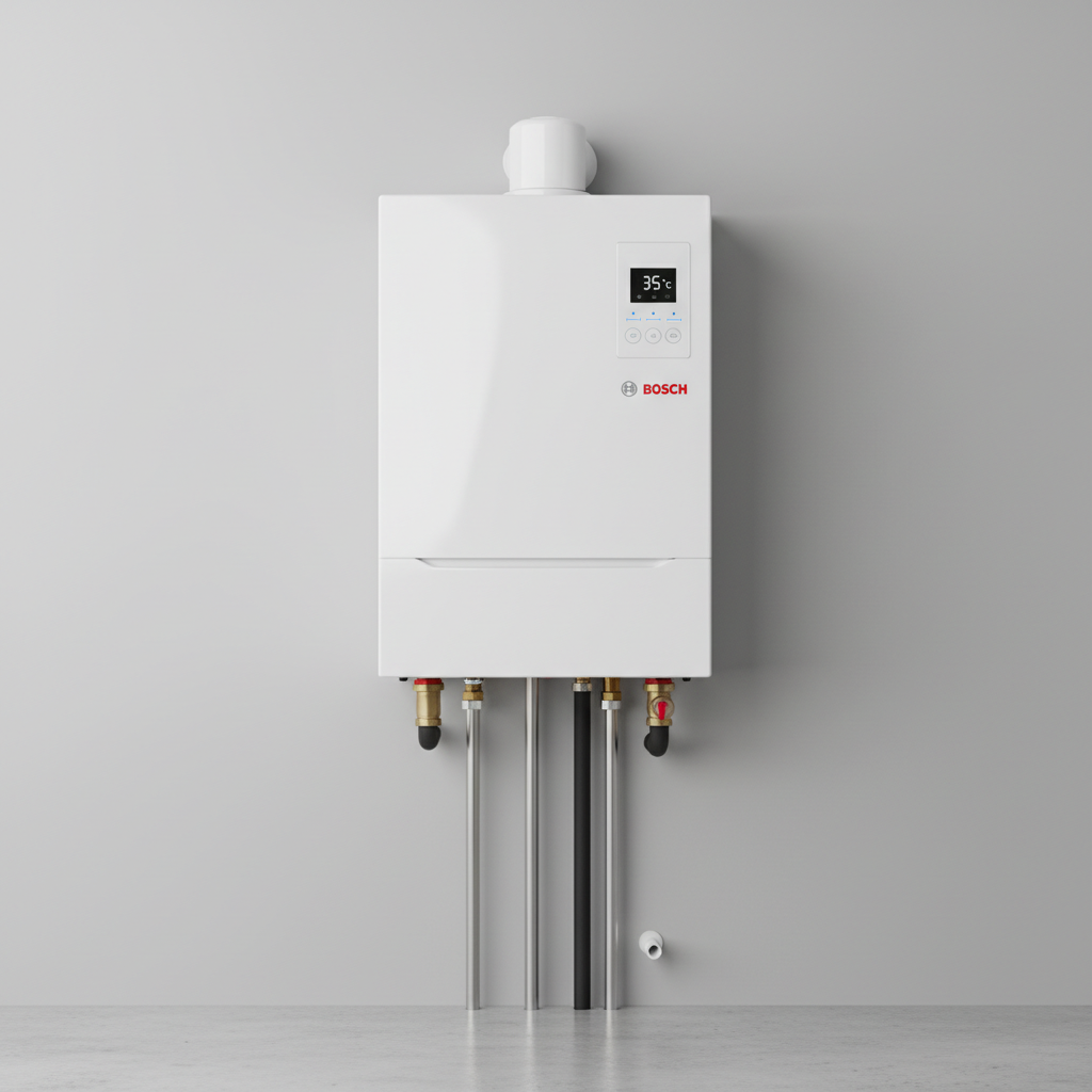 White wall-mounted combi boiler in a modern utility room